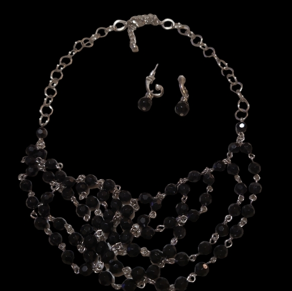 14" Vintage Chainwork Faceted Bead Bib Necklace w/Earrings L10 - Picture 5 of 5